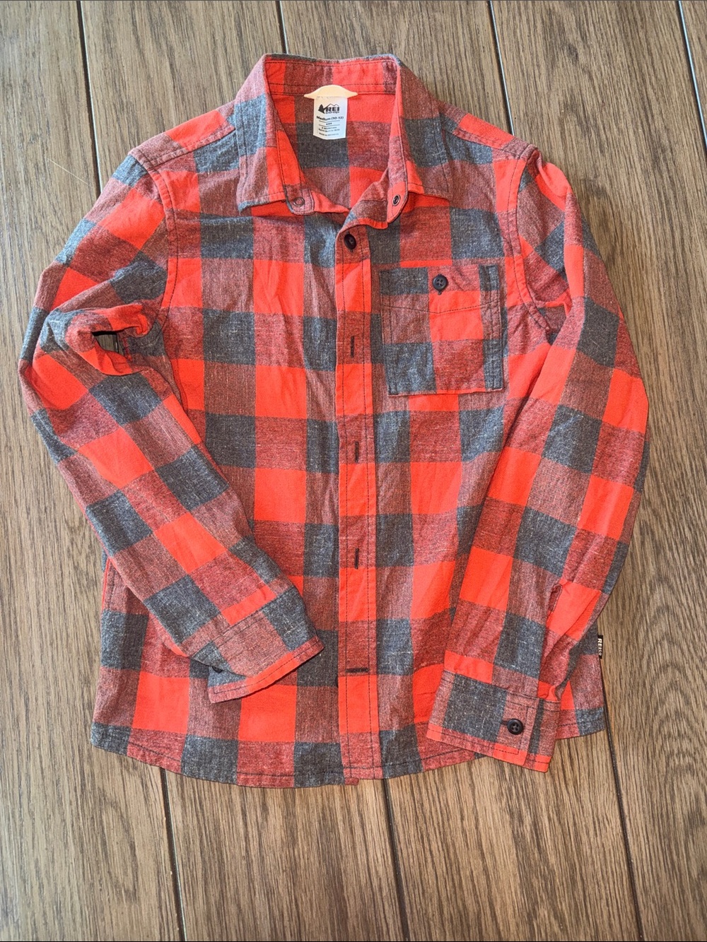 REI Orange and Gray Plaid Button-Down Kids Shirt